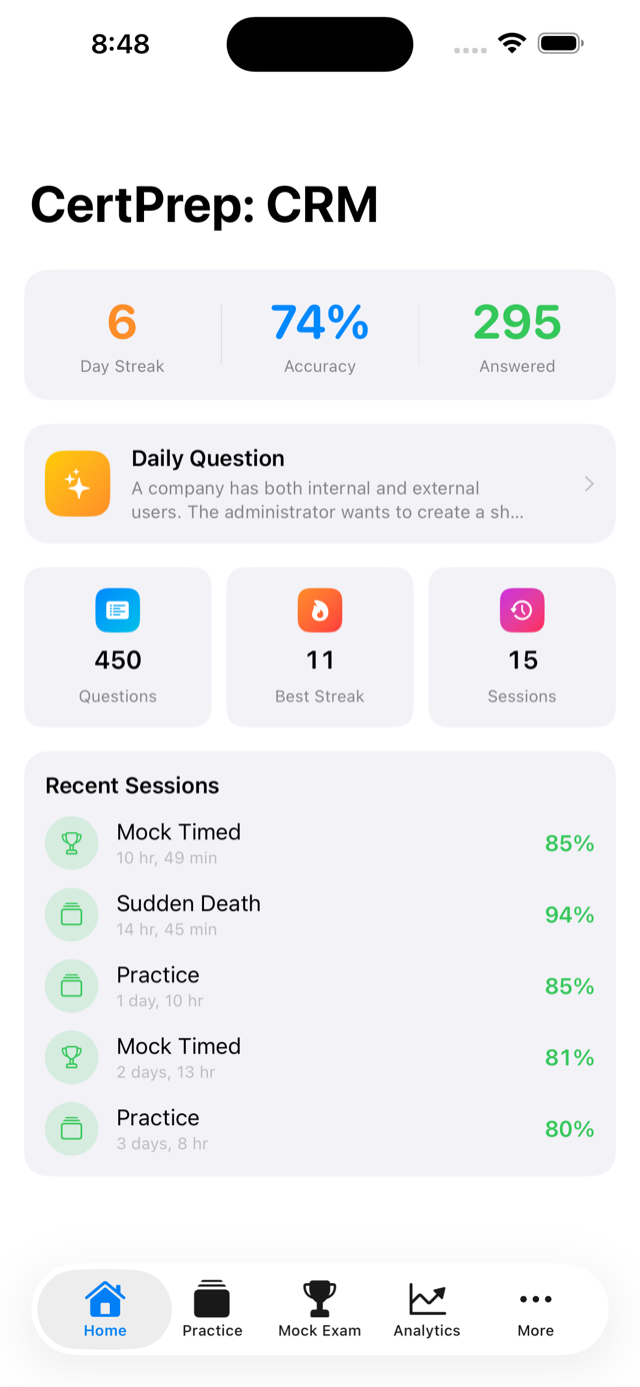 Home screen showing study options and progress overview