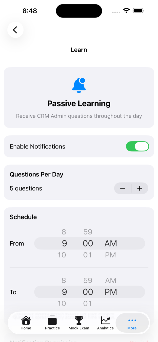 Passive learning settings screen