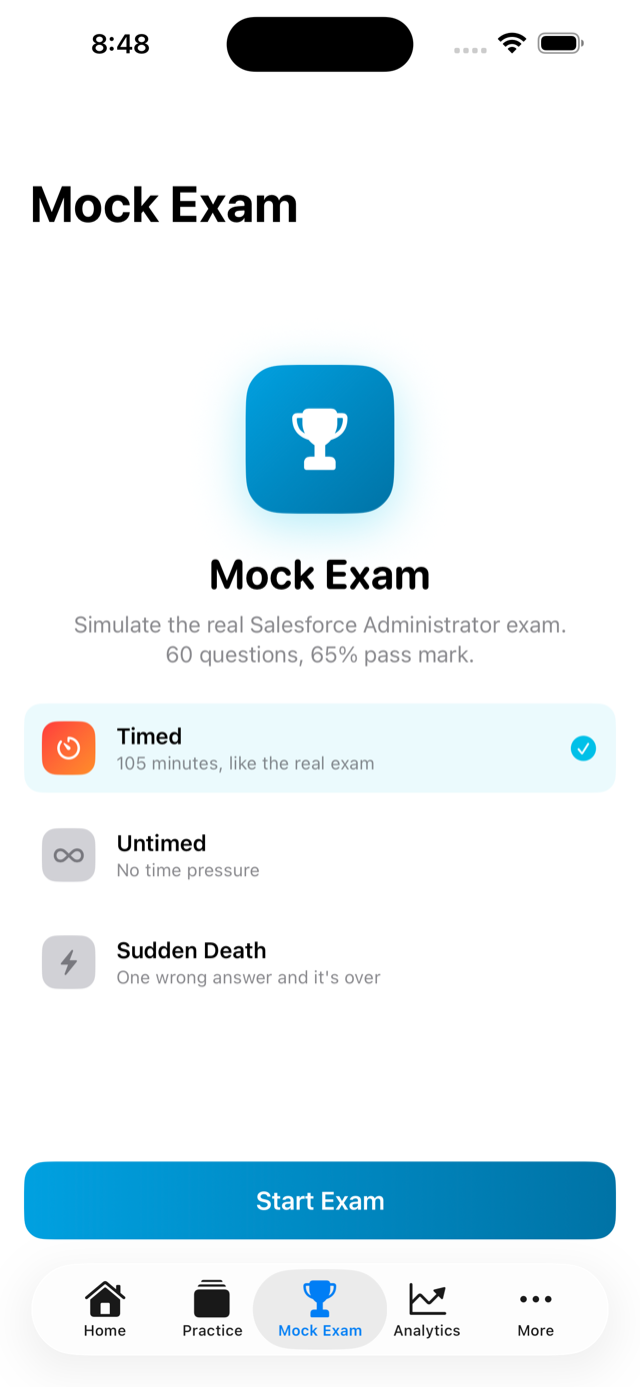 Mock exam mode screen with timer and question count