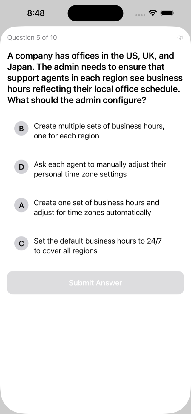 Practice question screen showing a multiple-choice ADM-201 question with detailed explanation